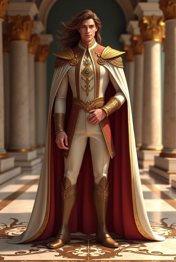 a prince with brown hair and golden eyes smiling, floor