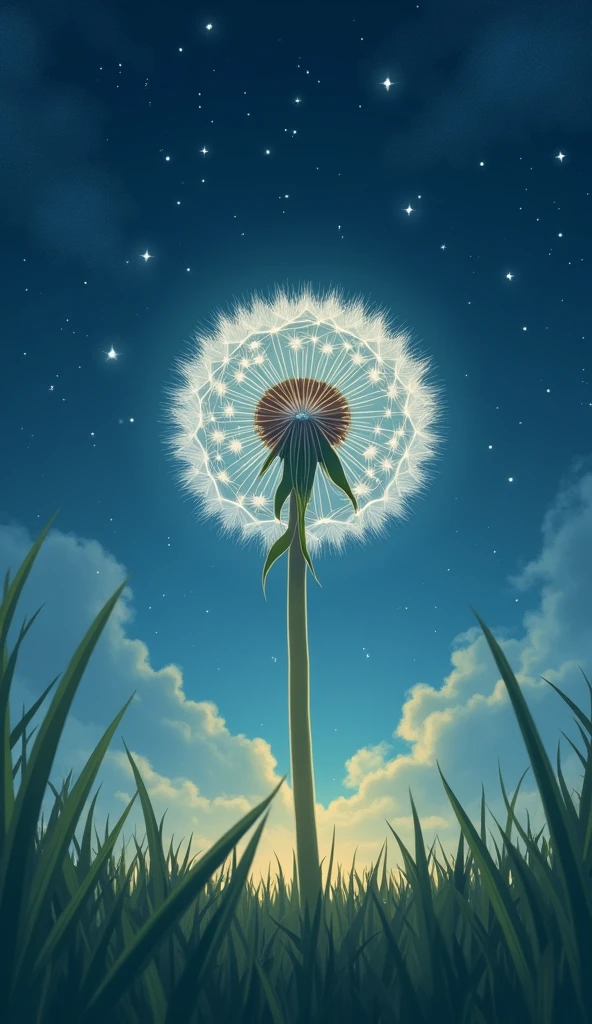 Ghibli Studio style, symmetrical close-up of a big dandelion seed head, gentle grass, beautiful starfall in the night sky.