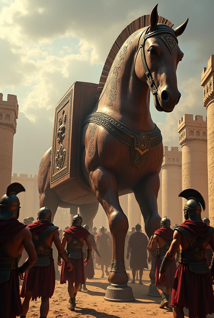 Trojans pulling the huge wooden horse