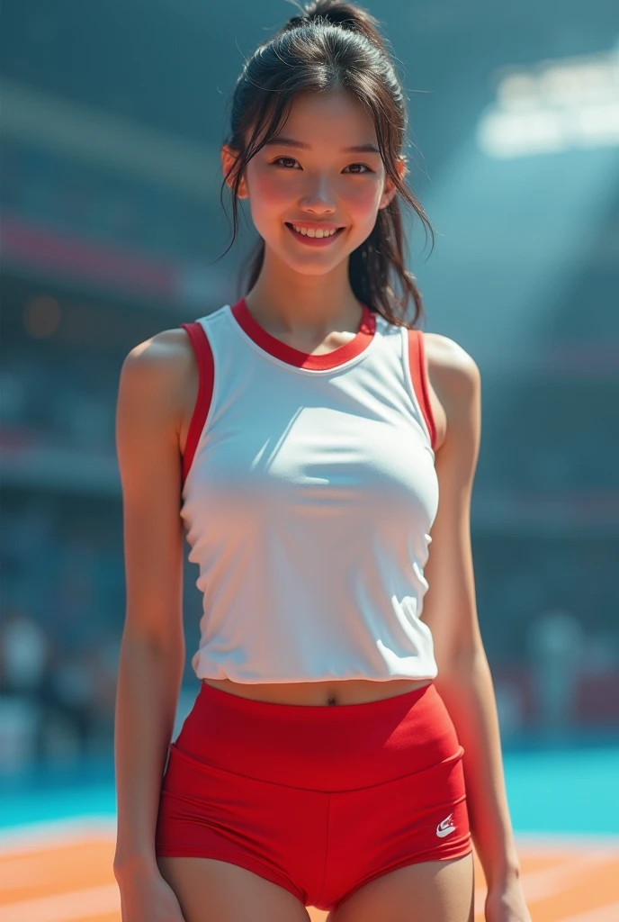 (A beautiful Korean volleyball player, age 23, wearing White Tight Sleeveless Lightweight Synthetic Jersey, Red Spandex Shorts, Ankle Braces and Knee Pads, pre-season friendly match, graceful expression, kind smile, dimpled chin, cute snaggle-tooth, ponytail, symmetrical face, beautiful detailed face, beautiful detailed eyes, perfect body proportions, ample round bosom, photorealistic, hyper-realism, high contrast, ultra HD, realistic skin textures, top image quality, top-quality, super high resolution, fine details, very meticulously, masterpiece, head to knees, High Angle Shot, Cool Atmosphere, bokeh background)