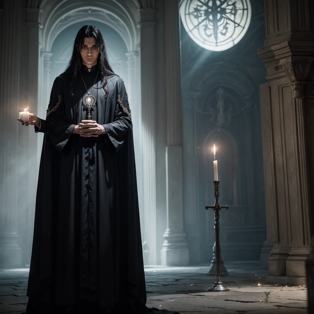 Create an illustration of a character named Salazar, a tall and imposing man standing at 2.10 meters in height, with an aura of authority. He is dressed in a long, priest-like black robe adorned with intricate white details. Salazar appears to be around 5, with a strong, adult build. His long hair flows down, adding to his commanding presence. His expression should convey a sense of calm control, as if everything is unfolding according to his plan. His posture is confident, exuding a quiet power. For accessories, Salazar is adorned with subtle yet menacing elements. A dark, ominous ring on one hand and a silver pendant with an intricate, mystical symbol hang around his neck. He holds a staff with a crystal orb that emanates a faint, eerie glow, symbolizing his connection to dark powers. The setting is a secretive, shadowy chamber within a grand, mysterious castle. The walls are lined with dark, ancient stone, adorned with arcane symbols. There’s a ritualistic altar at the center, surrounded by dimly lit candles casting flickering shadows. This is the hidden sanctuary where Salazar conducts his dark rituals and commands his secret order.