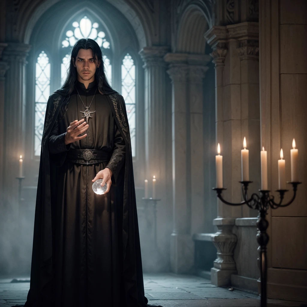Create an illustration of a character named Salazar, a tall and imposing man standing at 2.10 meters in height, with an aura of authority. He is dressed in a long, priest-like black robe adorned with intricate white details. Salazar appears to be around 5, with a strong, adult build. His long hair flows down, adding to his commanding presence. His expression should convey a sense of calm control, as if everything is unfolding according to his plan. His posture is confident, exuding a quiet power. For accessories, Salazar is adorned with subtle yet menacing elements. A dark, ominous ring on one hand and a silver pendant with an intricate, mystical symbol hang around his neck. He holds a staff with a crystal orb that emanates a faint, eerie glow, symbolizing his connection to dark powers. The setting is a secretive, shadowy chamber within a grand, mysterious castle. The walls are lined with dark, ancient stone, adorned with arcane symbols. There’s a ritualistic altar at the center, surrounded by dimly lit candles casting flickering shadows. This is the hidden sanctuary where Salazar conducts his dark rituals and commands his secret order.
