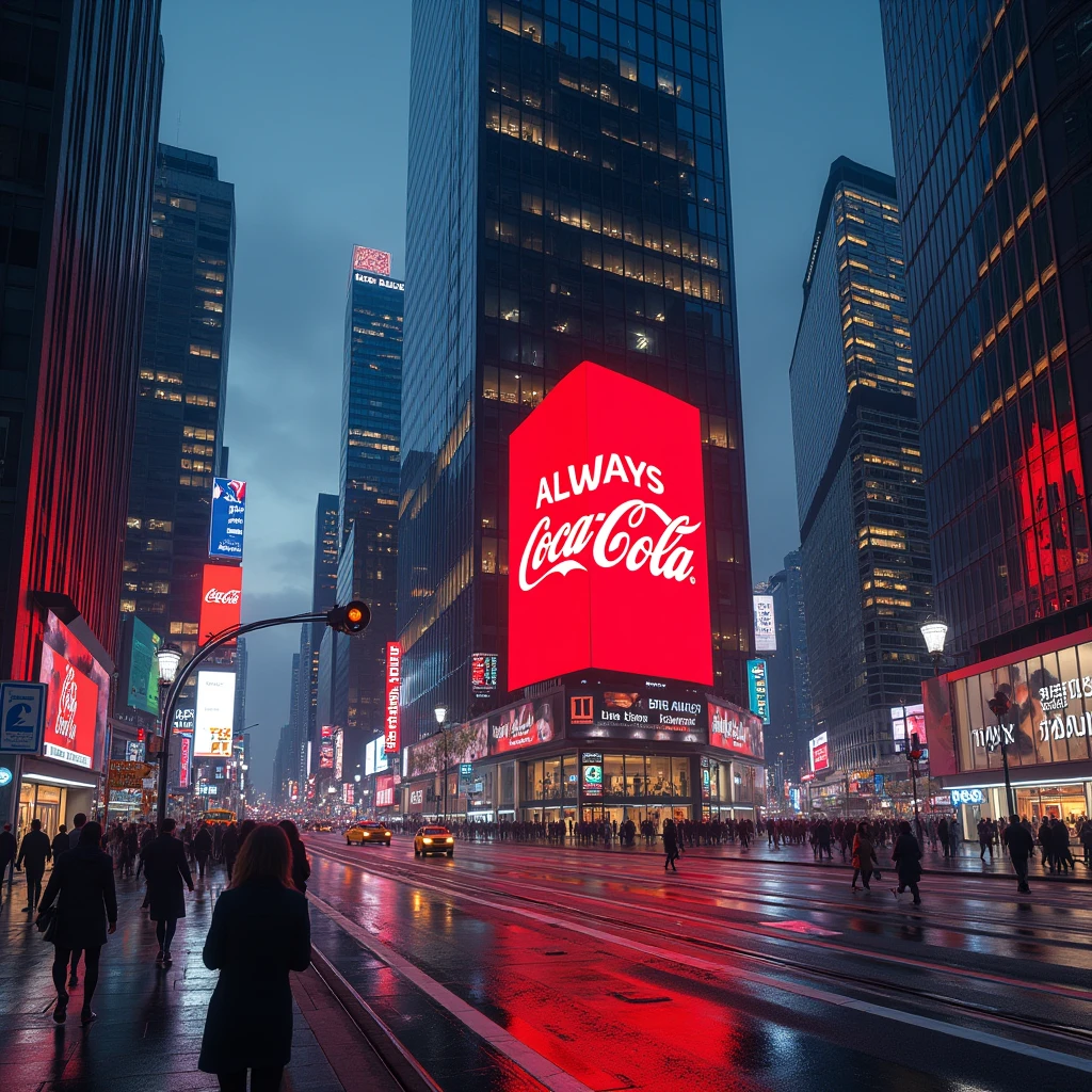 Scene: Modern City
Description: A bustling modern city with people walking and enjoying urban life. On a giant screen of a skyscraper, the message "Always Coca-Cola" is displayed. In one corner of the screen, "Fuera Petro" appears.
Atmosphere: Illuminated city, an atmosphere of energy and movement.
Central element: The giant screen dominating the scene, with the message "Always Coca-Cola, Fuera Petro."
Text: "Always Coca-Cola, Fuera Petro" on the screen.