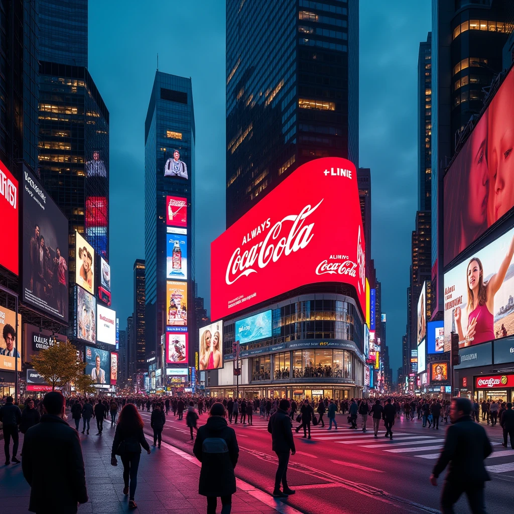 Scene: Modern City
Description: A bustling modern city with people walking and enjoying urban life. On a giant screen of a skyscraper, the message "Always Coca-Cola" is displayed. In one corner of the screen, "Fuera Petro" appears.
Atmosphere: Illuminated city, an atmosphere of energy and movement.
Central element: The giant screen dominating the scene, with the message "Always Coca-Cola, Fuera Petro."
Text: "Always Coca-Cola, Fuera Petro" on the screen.