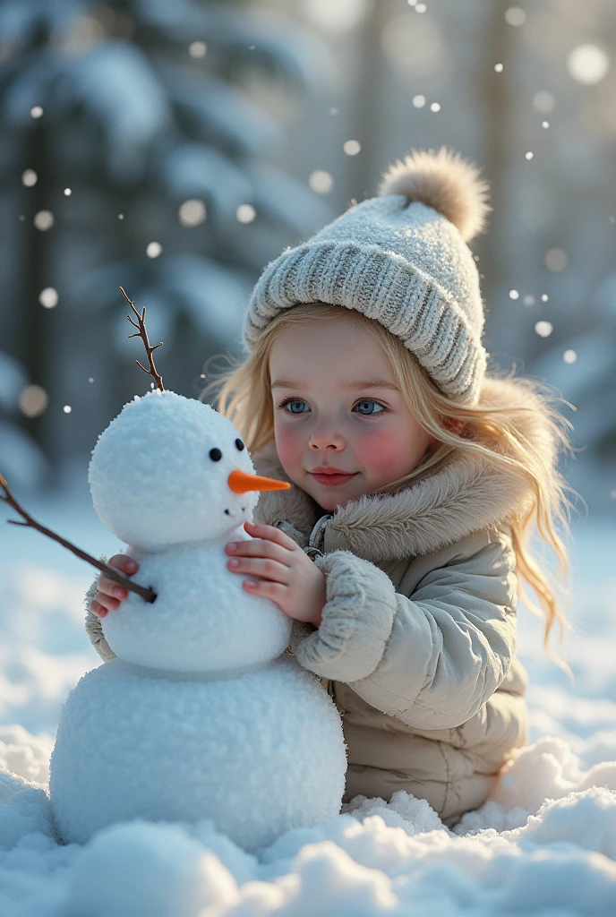 a young girl building a snowman in a snowy forest, snowscape, winter wonderland, (best quality,4k,8k,highres,masterpiece:1.2),ultra-detailed,(realistic,photorealistic,photo-realistic:1.37),intricate details,beautiful detailed eyes,beautiful detailed lips,extremely detailed eyes and face,long eyelashes,porcelain skin,rosy cheeks,snow-covered trees,icicles hanging from branches,snowflakes falling,warm lighting,glowing snow,soft focus,serene,peaceful,calm,cozy,magical,whimsical,fantasy,winter landscape