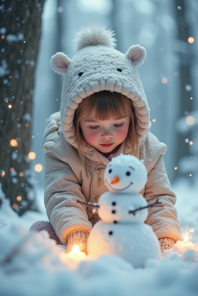 a young girl building a snowman in a snowy forest, snowscape, winter wonderland, (best quality,4k,8k,highres,masterpiece:1.2),ultra-detailed,(realistic,photorealistic,photo-realistic:1.37),intricate details,beautiful detailed eyes,beautiful detailed lips,extremely detailed eyes and face,long eyelashes,porcelain skin,rosy cheeks,snow-covered trees,icicles hanging from branches,snowflakes falling,warm lighting,glowing snow,soft focus,serene,peaceful,calm,cozy,magical,whimsical,fantasy,winter landscape