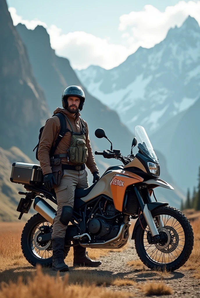 A rider standing with his hero xpulse 4v adventure bike in front of mountains and painted zenox on the tank of the bike on large size
