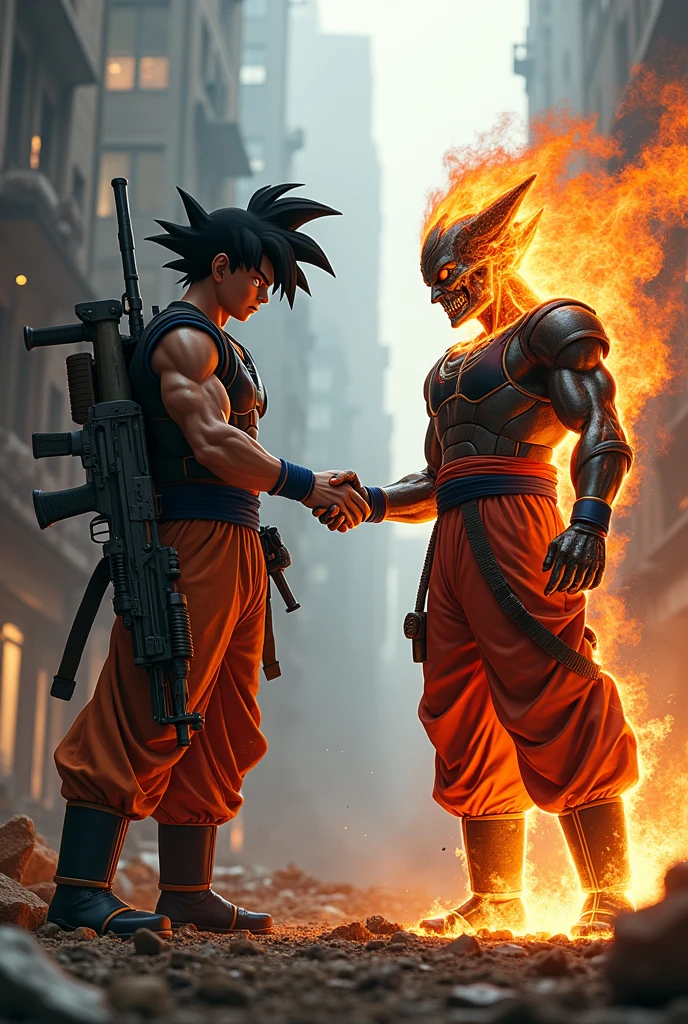Create me an image of Goku call of duty style with a mythical ak47 giving it to the ghost rider