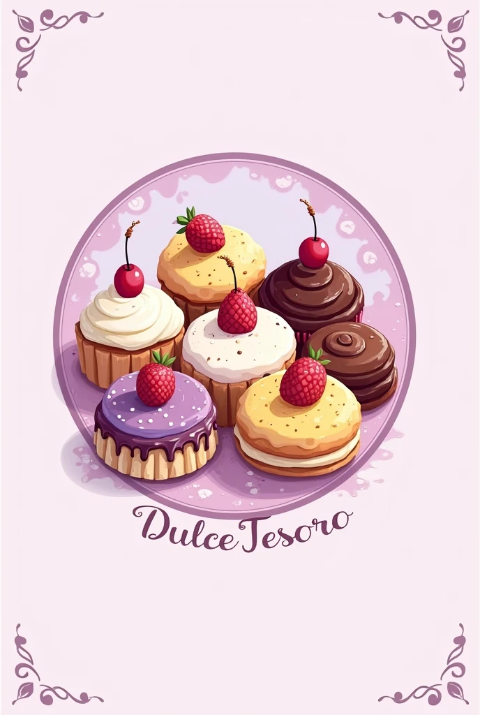 A logo for my dessert business called Dulce tesoro. I want it to be lilac, yellow and white. Have brownies, chocoflan, cakes, cookies, etc. It's for my Instagram profile picture so it's circular with and without a name