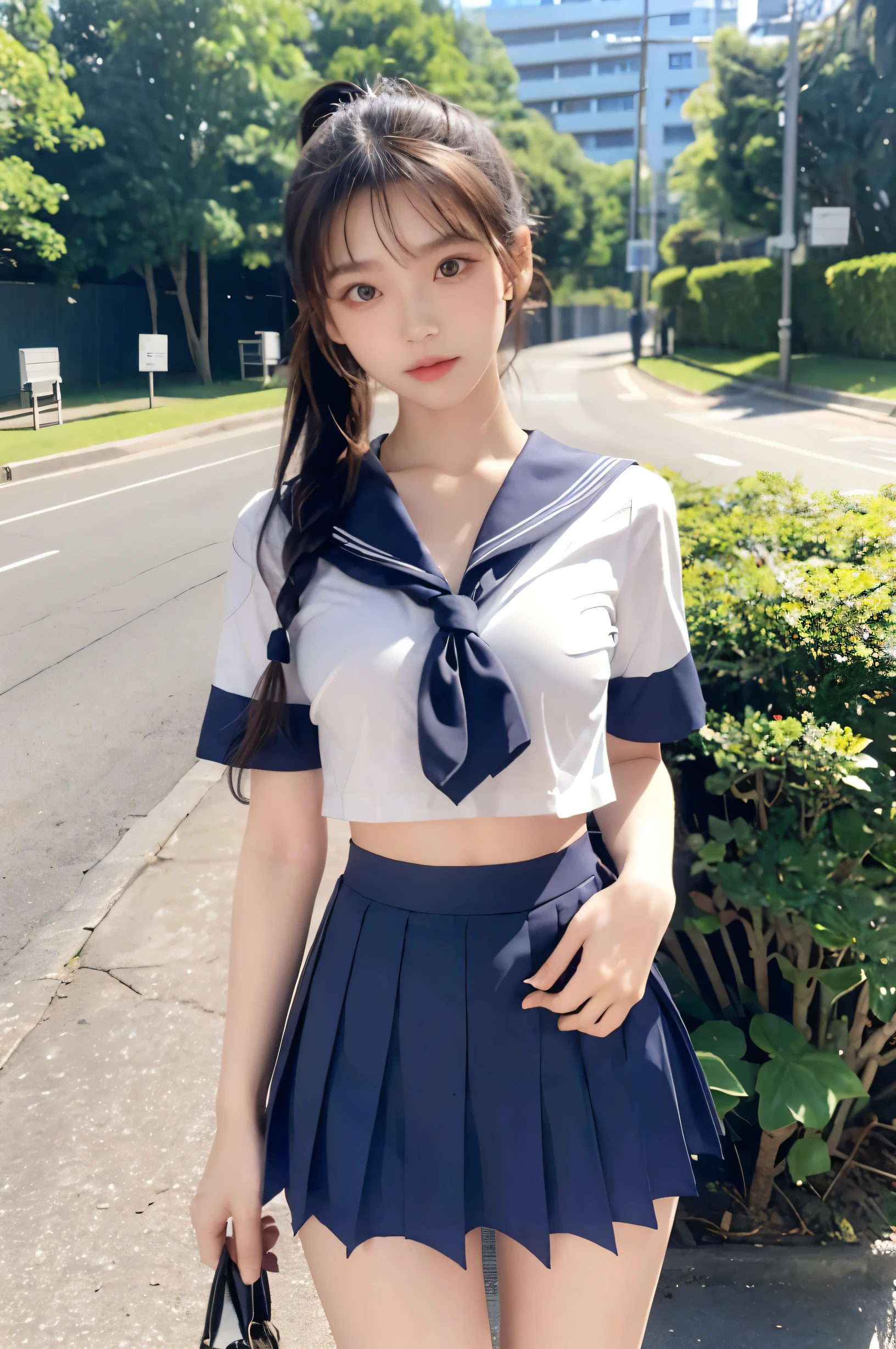 (Ultra HD), (Looking at me), (The whole body is shown), (Short-sleeved sailor uniform, Navy blue low-rise mini skirt), Big Breasts, slender, Narrow waist, (Thin legs:1.2), (Thin thighs:1.2), (Thin Hips:1.4), (Beautiful Skin, Shiny skin, White skin), (Super slim face, Super beautiful face, No makeup, smile:0.6), (ponytail, Layered Cut, Fluffy hair), (double eyelid, Slanted Eyes), Small Nose, Thin lips, Are standing, In front of the school gate