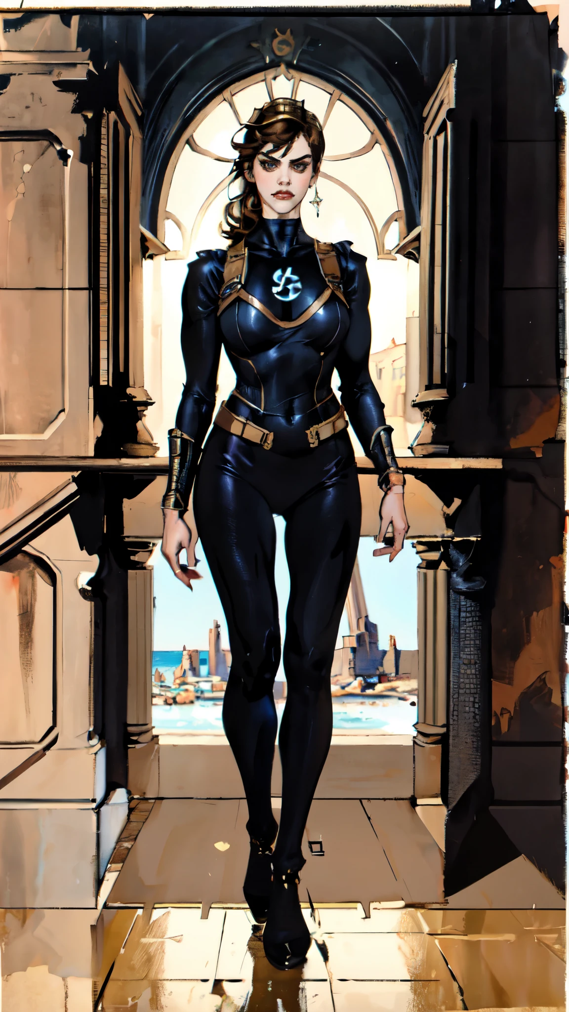 (masterpiece:1.2, best quality:1.2, extremely delicate:1.2), ((Alexandra Daddario:1.2)), a young women with long slightly curly brown hair, a well-defined face, intense eyes, a thoughtful expression, brown skin, tall and athletic build, a futuristic fantasy-style blue and black short-sleeved tight-fitting wetsuit, matching trousers, wrist guards, she sits leisurely on a seaside rock, this character embodies a finely crafted futuristic fantasy-style swimmer, exquisite and mature photography, photorealistic, goddess, feminine, porcelain skin, dramatic, high definition, highres, ultra-detailed, ultra-fine painting, professional, perfect body proportions, golden ratio, anatomically correct, symmetrical face, extremely detailed eyes and face, high quality eyes, creativity, RAW photo, UHD, 32k, Natural light, cinematic lighting, (masterpiece-anatomy-perfect:1.2)