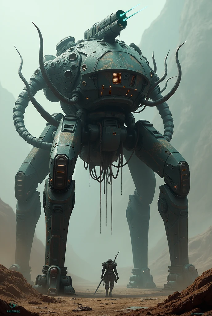 A war machine with three legs, tentacles, lights and a technological weapon that kills people with lasers