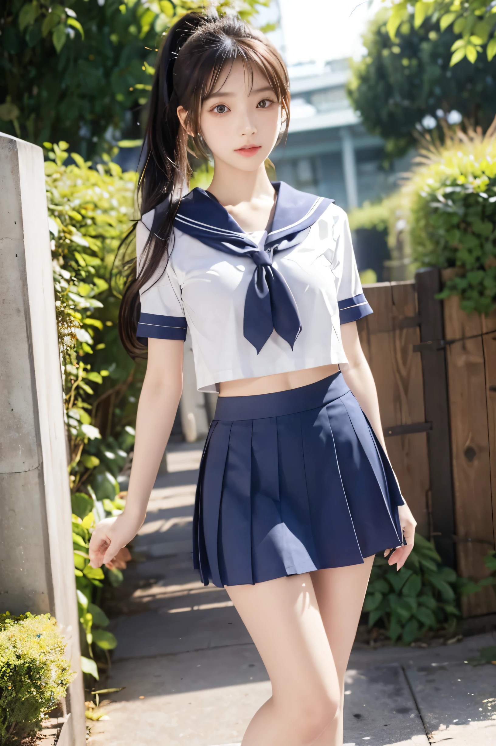 (Ultra HD), (Looking at me), (The whole body is shown), (Short-sleeved sailor uniform, Navy blue low-rise mini skirt), Big Breasts, slender, Narrow waist, (Thin legs:1.2), (Thin thighs:1.2), (Thin Hips:1.4), (Beautiful Skin, Shiny skin, White skin), (Super slim face, Super beautiful face, No makeup, smile:0.6), (ponytail, Layered Cut, Fluffy hair), (double eyelid, Slanted Eyes), Small Nose, Thin lips, Are standing, In front of the school gate