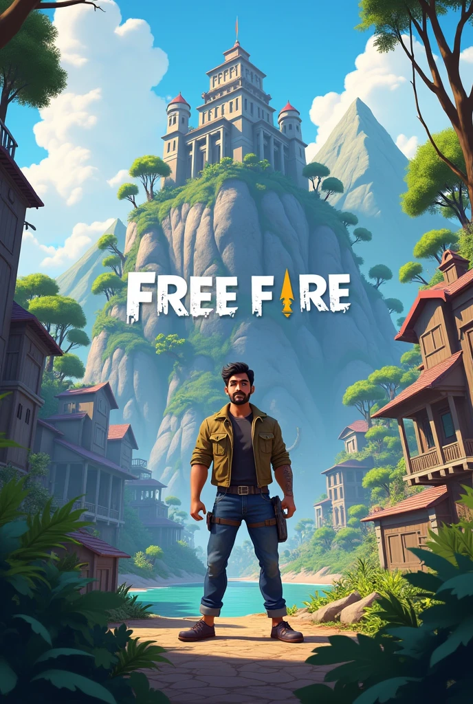 'Generate in cinematic 3d cartoon style " With Ravi The tournament island: A wide view of a mysterious, rugged island with dense forests, mountains, and abandoned buildings, where the Free Fire tournament is about to take place. Free fire Text on background With Ravi Character
