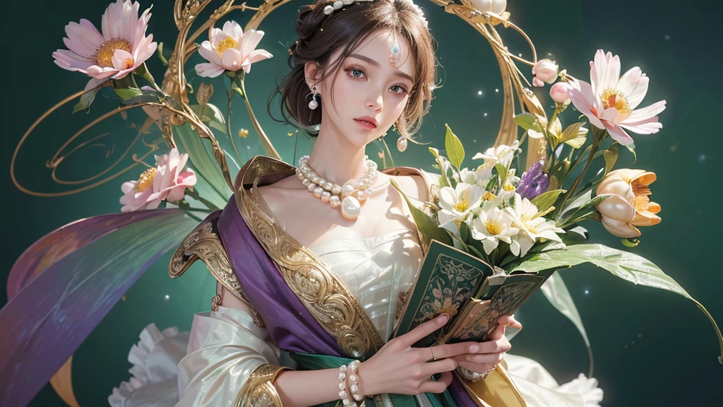 32K, 最高quality, 最高masterpiece, (ultra-Detailed Background, Detailed Background), High resolution, Super detailed, Very detailedな, 1 personの, (bouquet:1.3), (Tangled:1.2), (Geometric:1.2),(colorful),(masterpiece, quality, best quality, Official Art, Beautiful and beautiful:1.2), (1 person:1.3), Very detailed,(colorful:1.1)(Flowers:1.3),Most detailed,(Tangled:1.2), whole body, (Abstract background:1.3), (Skin glows), (Many colors:1.4), ,(Earrings Pearl:1.5), Light green background, It's imaginative., Brunette Hair, Updo, Holding a book, Holding a pen, Satin shirt