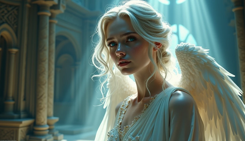 Detailed face,Beautiful eyes,Detailed lips,Long eyelashes,Elegant woman,Detailed clothing,Complex background,Amazing architecture,Dramatic lighting,Structure of the film,Spectacular Fantasy,Ethereal atmosphere,Shining Aura,Vibrant colors,Realistic,8k,masterpiece、angel、beautiful、Fantasy、Long Hair, Blue eyes, Earrings, tears, spiritual