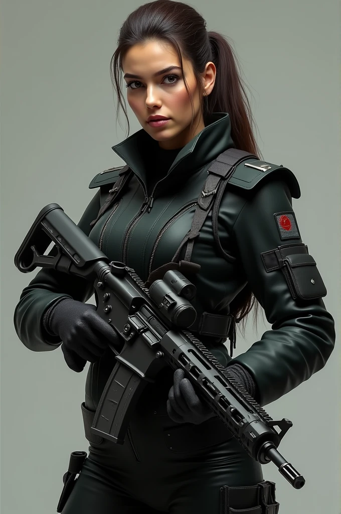 Woman in a black jacket holding a riffle