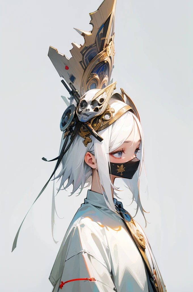 (Highest quality)), ((masterpiece)), (detailed), She is wearing a mask that covers her entire face,Hair is white hair,Her true face cannot be seen,It is unknown what expression she is making,No Background