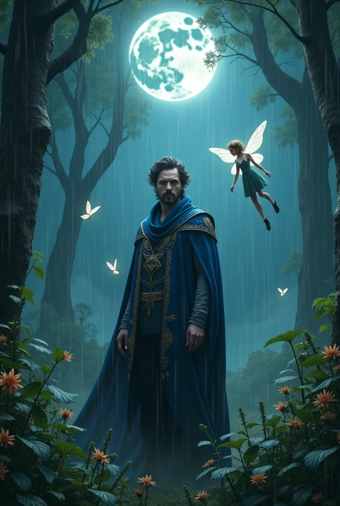 A magical man in a mysterious, dark forest, illuminated by the light of the moon, with a fairy flying in the rain, magical and mystical, with a magical book, an editing girl, and fairies, (best quality,4k,8k,highres,masterpiece:1.2),ultra-detailed,(realistic,photorealistic,photo-realistic:1.37),detailed portrait, detailed facial features, expressive eyes, intricate details, lush forest, moonlight, rain, magical atmosphere, fantasy, dreamlike, whimsical, vibrant colors, dramatic lighting