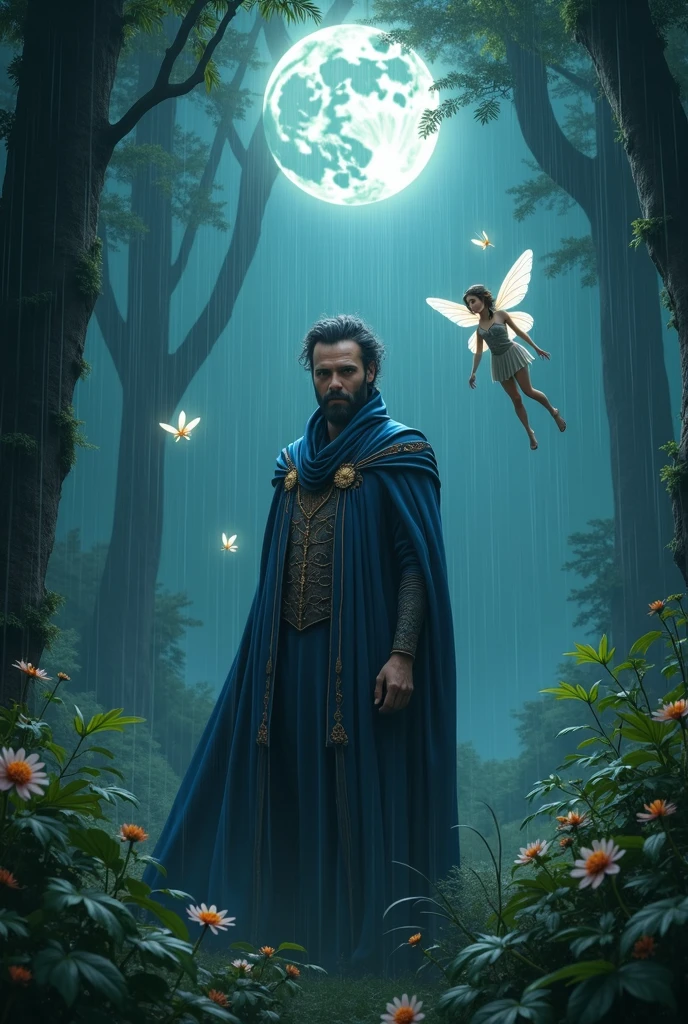 A magical man in a mysterious, dark forest, illuminated by the light of the moon, with a fairy flying in the rain, magical and mystical, with a magical book, an editing girl, and fairies, (best quality,4k,8k,highres,masterpiece:1.2),ultra-detailed,(realistic,photorealistic,photo-realistic:1.37),detailed portrait, detailed facial features, expressive eyes, intricate details, lush forest, moonlight, rain, magical atmosphere, fantasy, dreamlike, whimsical, vibrant colors, dramatic lighting