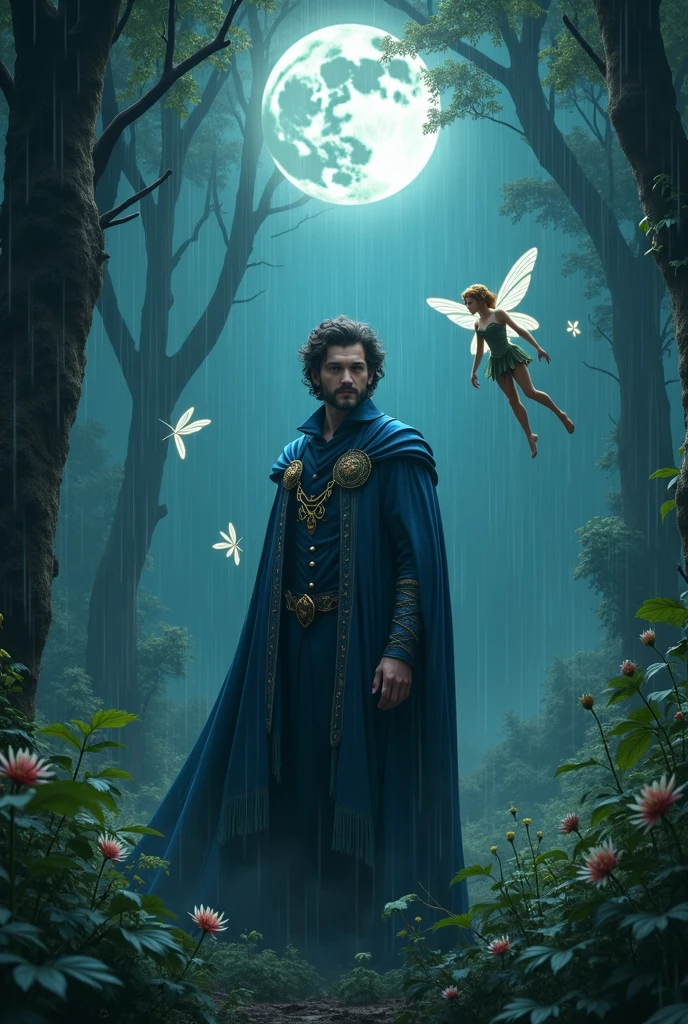 A magical man in a mysterious, dark forest, illuminated by the light of the moon, with a fairy flying in the rain, magical and mystical, with a magical book, an editing girl, and fairies, (best quality,4k,8k,highres,masterpiece:1.2),ultra-detailed,(realistic,photorealistic,photo-realistic:1.37),detailed portrait, detailed facial features, expressive eyes, intricate details, lush forest, moonlight, rain, magical atmosphere, fantasy, dreamlike, whimsical, vibrant colors, dramatic lighting