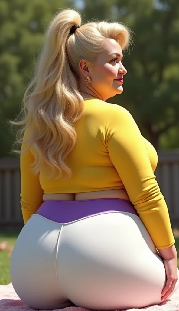 Overweight and A confident elderly woman with long golden hairy fancy one sided hair stands outdoors in a stylish pose. She wears a fitted yellow long-sleeve top and high-waisted white leggings with a purple waistband, which accentuate her curvy, full figure. Sitting on a bed she is showing her big backside
