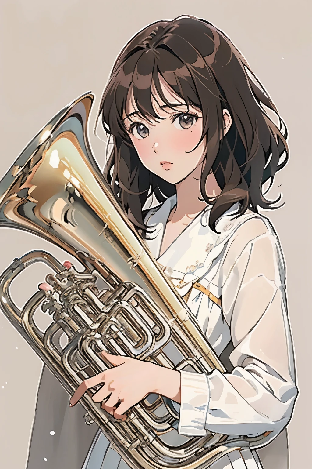 (masterpiece, Highest quality:1.2), (One Girl), play the euphonium, alone, (Draw the Euphonium Shape Accurately:1.4)、Standing、(From the left diagonal front)、In high school uniform、Anime Art、4K、8k、wallpaper、