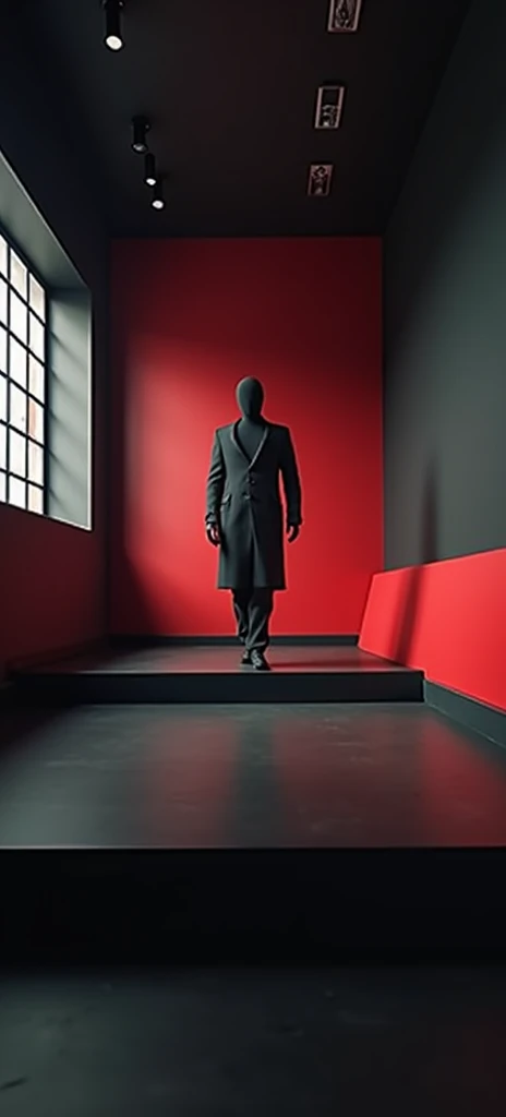 Create an image of a room with four walls, designing the concept of The Trap podcast, using the colors red and black