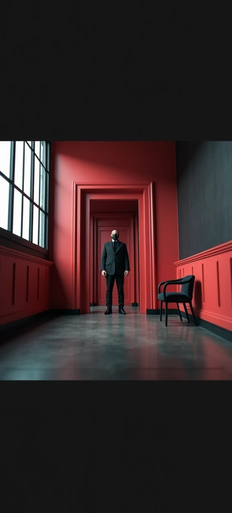 Create an image of a room with four walls, designing the concept of The Trap podcast, using the colors red and black