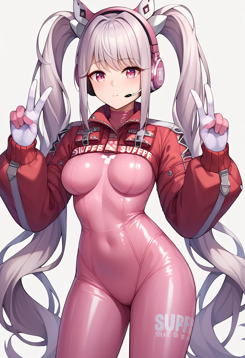 score_9, score_8_up, score_7_up, score_6_up, BREAK alicedef, twintails, very long hair, grey hair, fake animal ears, headset, pink eyes, pink bodysuit, shrug \(clothing\), multicolored gloves, latex,double v 