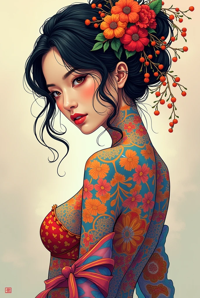 ((japanese woman)), portrait, absurdres,highres,ultra detailed,ultra-detailed background,detailed background,extremly detailed,1girl,bunch of flowers,(zentangle:1.2),(geometric:1.2) multi-colored color palette, monochromatic, big , cleavage, sideboob, lingerie, realistic depiction, arms behind back, kaleidoscopic, multidimensional, ethereal glow, captivating uniqueness, surreal juxtapositions, visual symphony, unforgettable visual narrative, edgy, mathematical, simple-shaped vectors, highly modern, stylistic, polygonal abstraction, vector art, bold lines, minimalist color scheme, digital art, abstract geometry