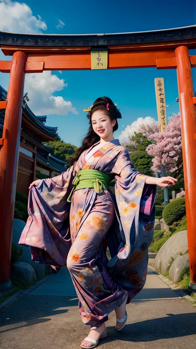 (SeaArt、I create amazing digital illustrations of beautiful women in kimonos)、Beautiful woman smiling and showing her upper white teeth、Vividly colored Ukiyo-e style illustrations、Brown-black long hair、Beautiful full body style、If you want to dance, Dance to the Tokyo Ondo, Good good、Beautiful new digital paintings,、 Bright and vibrant digital anime art、Beautiful anime portraits、Background、Torii gate of a Japanese shrine.、Detailed digital anime art、