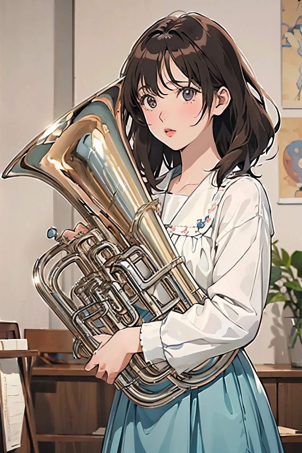 (masterpiece, Highest quality:1.2), (One Girl), play the euphonium, alone, (Draw the Euphonium Shape Accurately:1.4)、Standing、(From the left diagonal front)、In high school uniform、Anime Art、4K、8k、wallpaper、