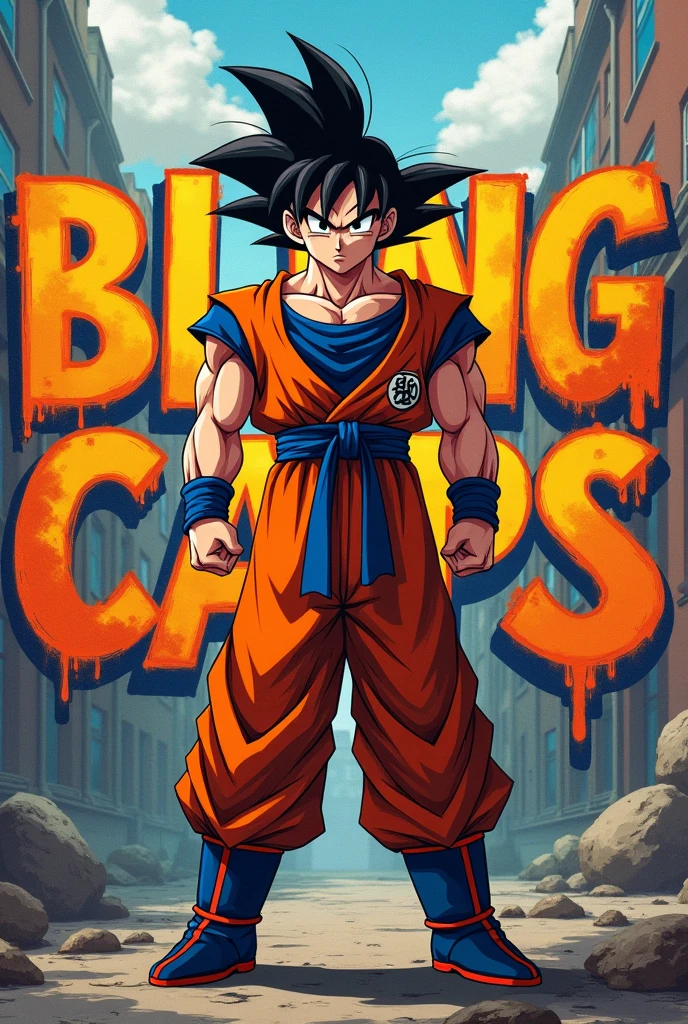 Make a goku that has a text in the background that says BlingCaps and the letter is graffiti type