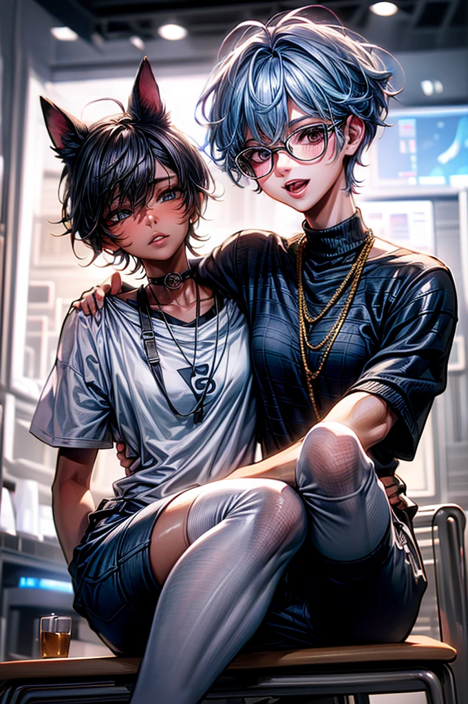 1boy, , {student}, tan, {best quality}, moody lighting, slender, sitting, head tilt, dog ears, aqua eyes, parted lips, canine teeth, smile, {straight hair}, blue hair, sunglasses, sneakers, living room, front view