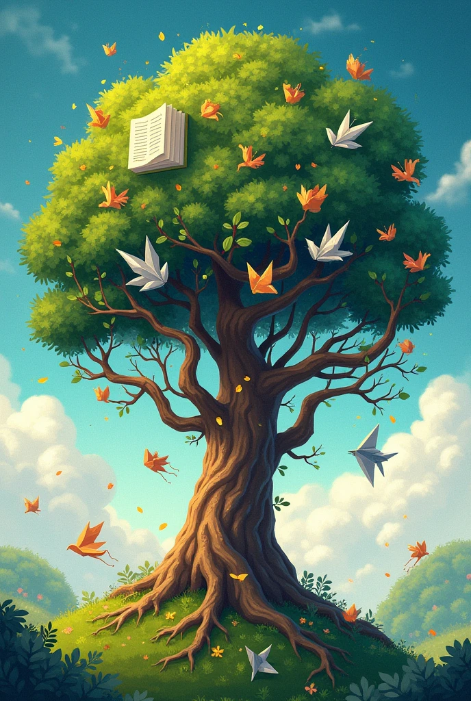 Book cover with the title once upon a time, There must be a tree and something that reminds children of their imagination in the world of reading.