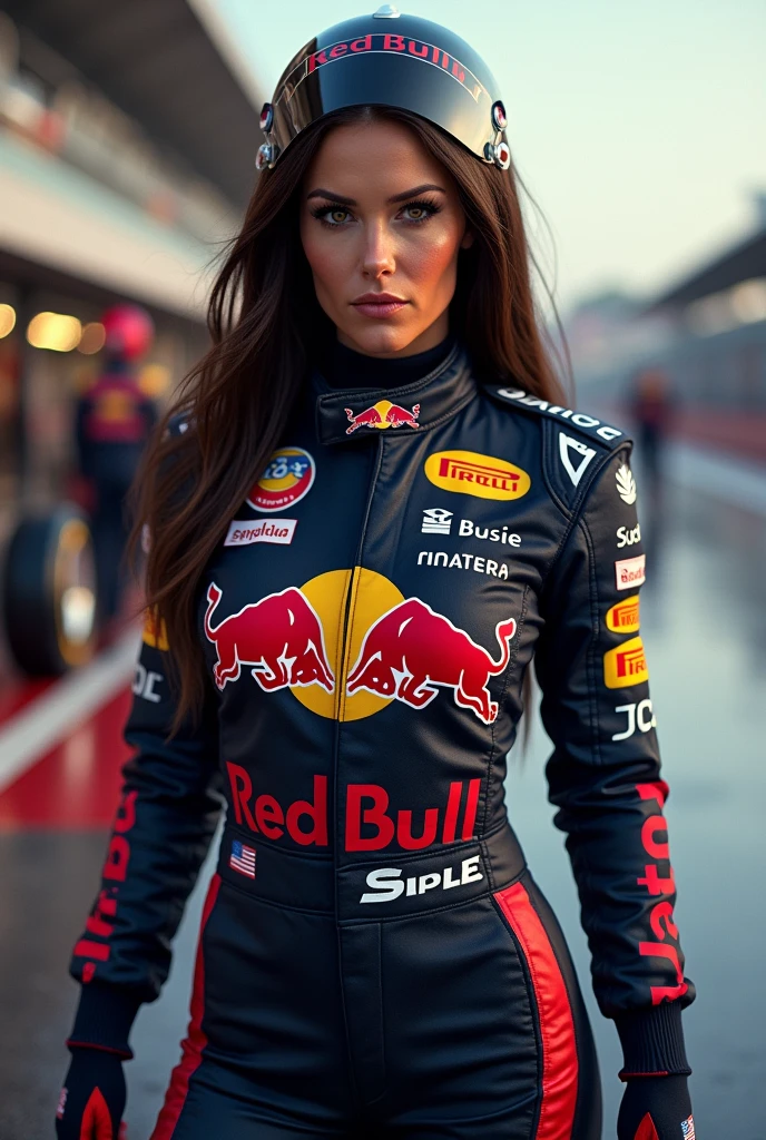 Generate Megan Fox as a pliot of formula 1 in the red bull racing team