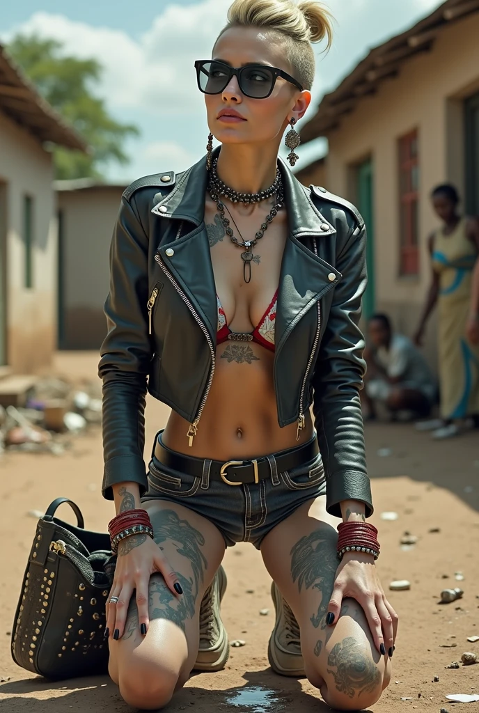 russian milf woman, grey  hair (high pouf, top bun, shaved sides), colourful bandana as headband, with very light blue eyes, extremely pale skin. Wearing cropped aged black moto jacket with lots of zippers and pins, flipped up collar. skinny dark low rise blue jeans. Black and red tight push up bra, Dirty White tennis sneakers. Chain around hips like belts. Dirty knees, dirty feet and muddy hands. Wide studded belt. Squatting on a puddle with hands on her hips, looking up, chin up, stretching her neck , humble facial expression.  Black nail polish. studded black leather tote bag with chain on the floor, next to her.. Listening looking up in amazement to somebody speaking to her from the sky, upper teeth visible. Well toned abdominals, thin neck, slim legs and thin arms. Narrow hips Cleavage, stomach, neck, tigh and hands completely covered with tattoos. Dirt street in Kenyan village full of waste. A lot of tanned fat women  in traditional dresses around looking at her. next to her, all her belongings scattered on the floor: tobacco packs, makeup kit, little makeup mirror, studded black leather tote bag, lipstick, wallet, moble etc on the floor, point of view; from above