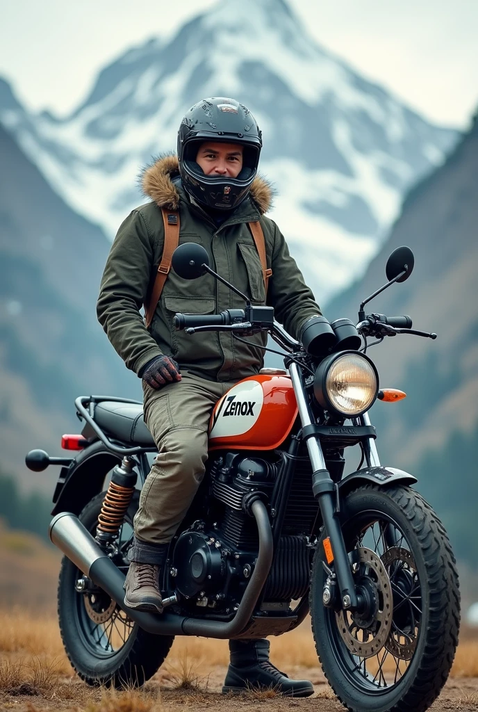 A rider standing with his hero xpulse 4v adventure bike in front of mountains and painted zenox on the tank of the bike on large size and round headlight