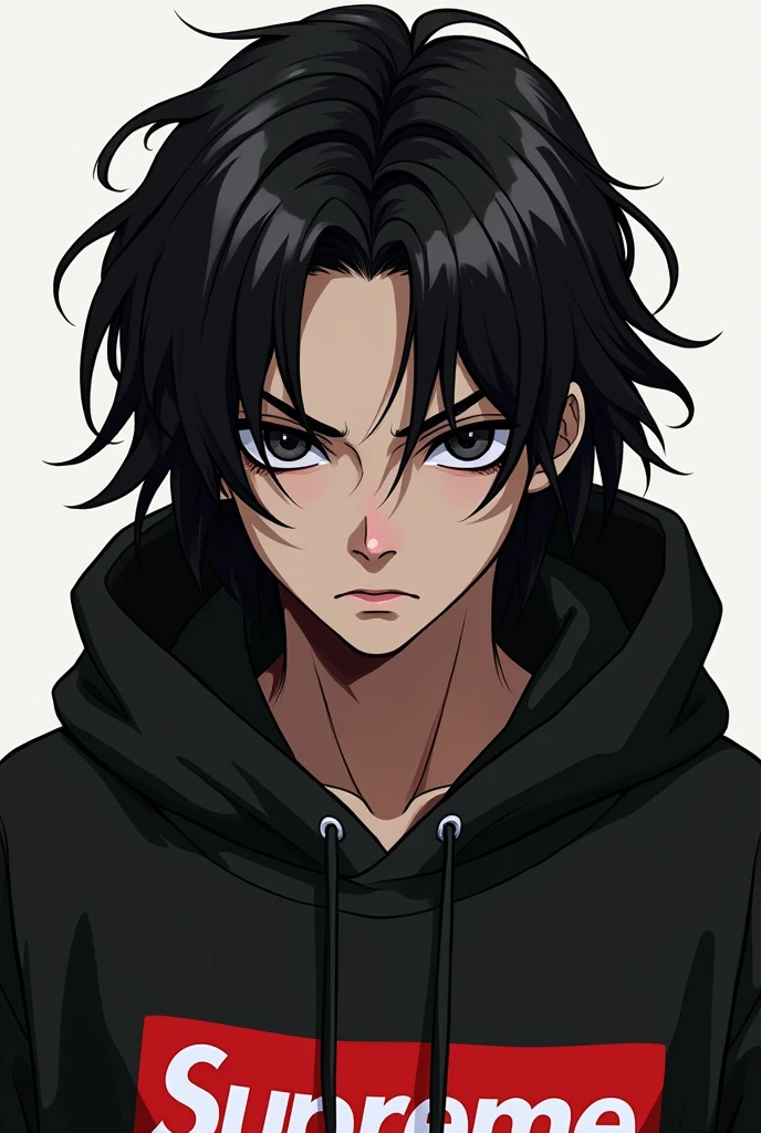 manhwa style back hair black eyed 1 boy supreme hoodie portrait
