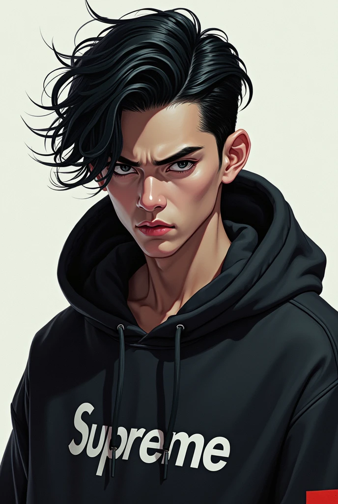 manhwa style back hair black eyed 1 boy supreme hoodie portrait