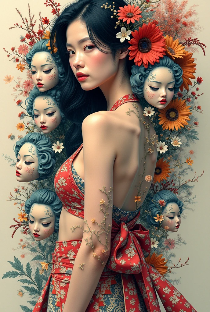 Expressionist artwork images of multiple floating ceramic heads, 3d collage style, make it weird and gallery worthy, ((japanese woman)), portrait, absurdres,highres,ultra detailed,ultra-detailed background,detailed background,extremly detailed,1girl,bunch of flowers,(zentangle:1.2),(geometric:1.2) multi-colored color palette, monochromatic, big , cleavage, sideboob, lingerie, realistic depiction, arms behind back, kaleidoscopic, multidimensional, ethereal glow, captivating uniqueness, surreal juxtapositions, visual symphony, unforgettable visual narrative, edgy, mathematical, simple-shaped vectors, highly modern, stylistic, polygonal abstraction, vector art, bold lines, minimalist color scheme, digital art, abstract geometry