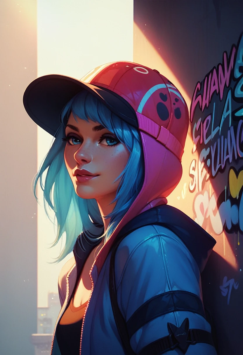 foreground,simple background,Background with neon rays of various colors,hyperdetailed,well defined details,hyper realistic,1 girl,graffiti hood