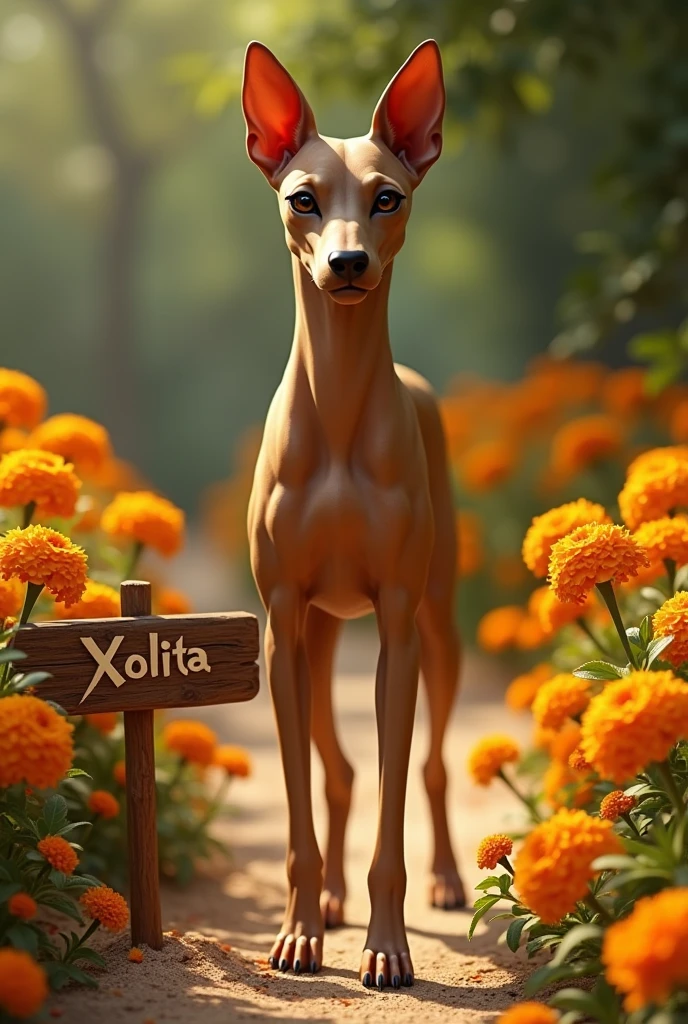 Female Xoloizcuintle dog, Light Brown Color,
on a path of marigolds, sign that says Xolita