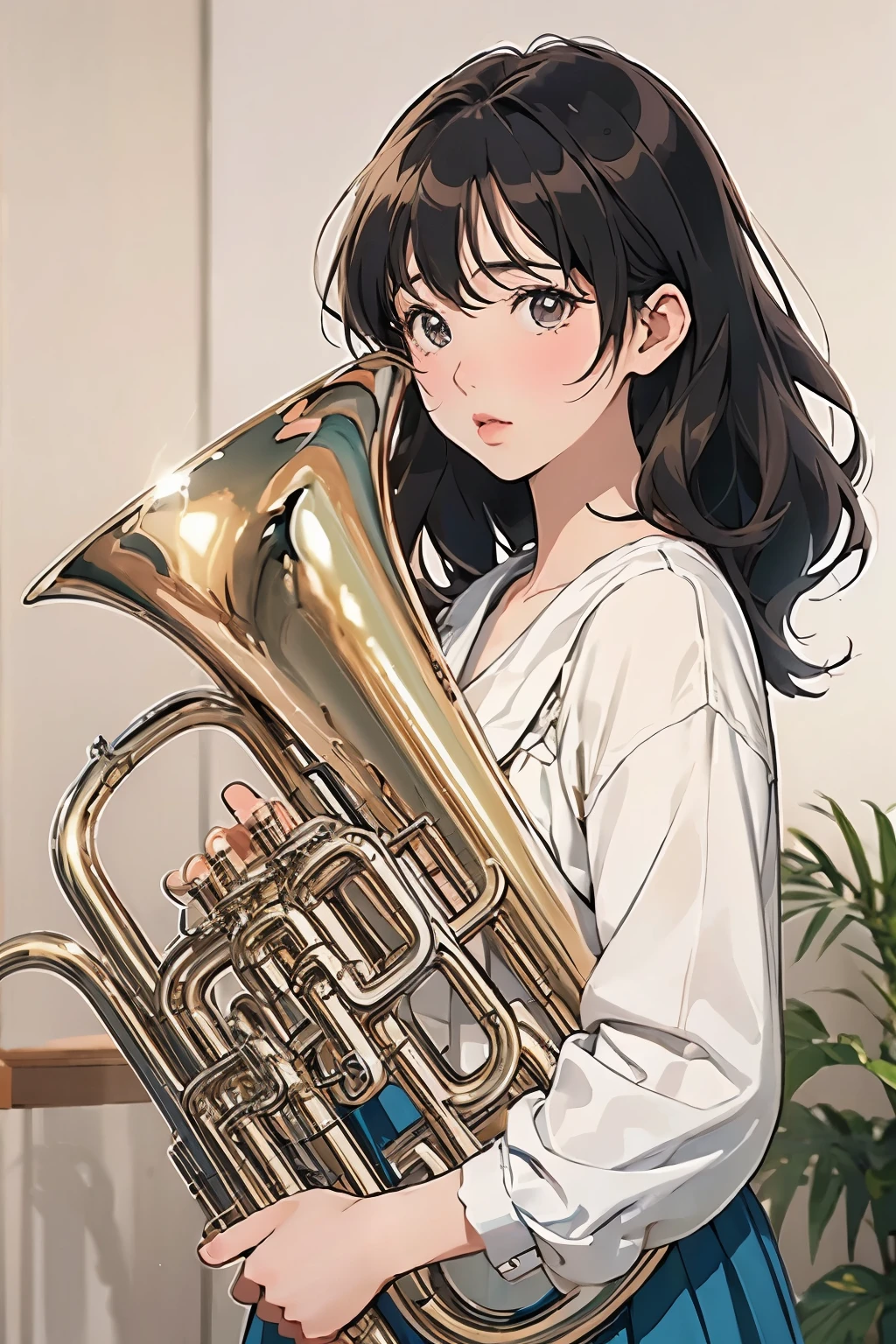 (masterpiece, Highest quality:1.2), (One Girl), play the euphonium, alone, (Draw the Euphonium Shape Accurately:1.4)、Standing、(From the left diagonal front)、In the uniform of Kitauji High School、Anime Art、4K、8k、wallpaper、