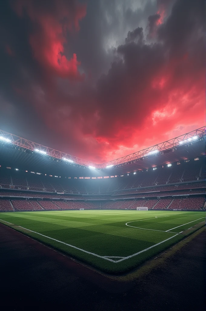 football stadium with cloudy sky with scary red clouds, Hyperrealism, High quality, Highly detailed, Ultra detailed