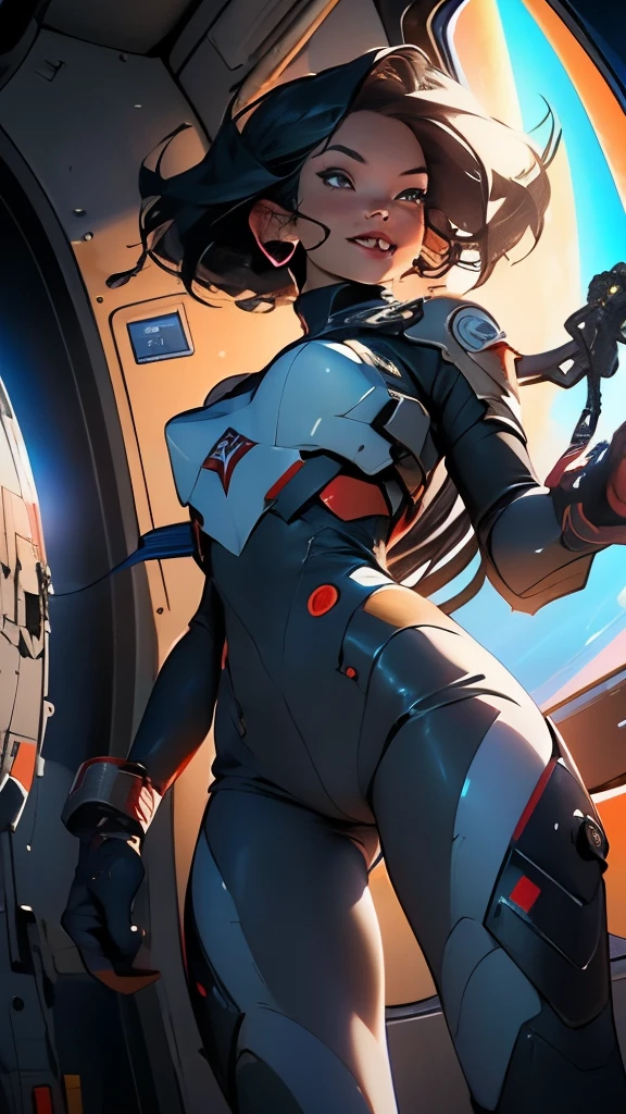 1Girl, A fierce Young battle warrior, soaring through the depths of space in her giant, skin-tight suit. Her boots grip the metal floor of her ship as she readies her jet pack for takeoff. A confident smile spreads across her face, knowing she's about to win another epic battle.