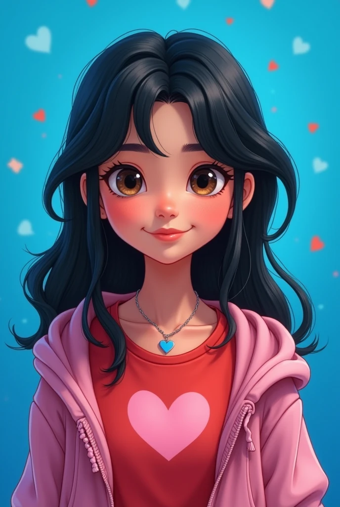 Disney image of a black-haired teenager, straight , long, Book hairstyle with ruffles wearing a red t-shirt with a heart in the middle, a hood on and a blue heart necklace, bright blue heart background