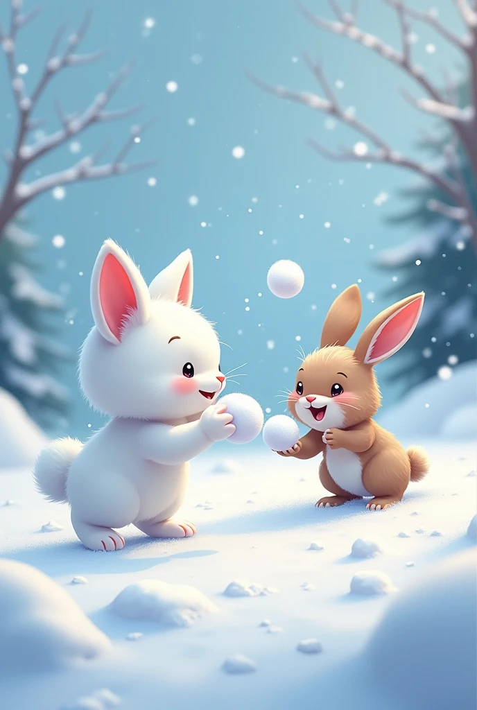 Snow Scene、snowball fight、Cute white kitten、Cute baby rabbit、Big head、speedy
