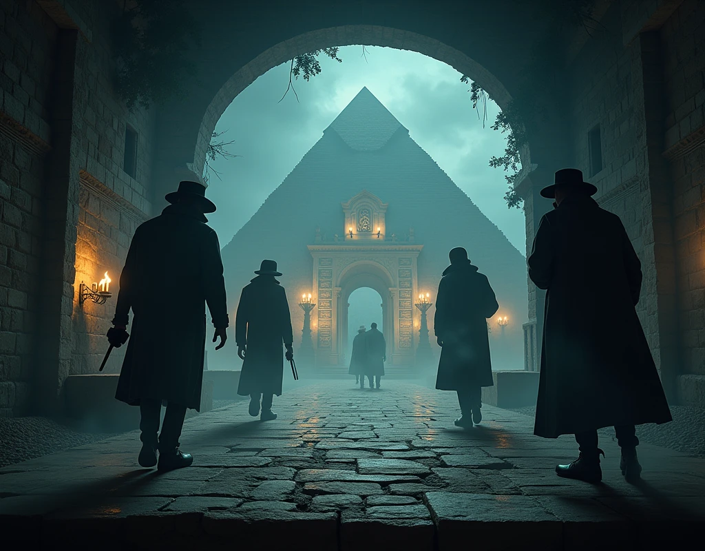 Design a YouTube banner for a channel focused on history and mystery content. The banner should have an intriguing and atmospheric look. The background should show a blend of dark, foggy ruins, ancient scrolls, and cryptic symbols like secret codes, pyramids, and hidden manuscripts. On one side, feature shadowy figures like detectives or explorers investigating clues, while on the other side, show famous historical landmarks like the Great Pyramid, Stonehenge, or a medieval castle, partially obscured in mist.
The channel name should be in the center, with a bold, mysterious font that gives off a sense of both historical grandeur and hidden secrets. Use a mix of dark blues, sepia, and muted gold tones to create a balance of history and suspense. Add subtle light effects like glowing runes or flickering torches to create a sense of mystery and adventure.